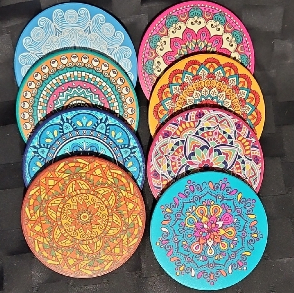 NIP, Colorful Mandala Coasters, Set of 8 Coasters & 1 Coaster Holder Frame